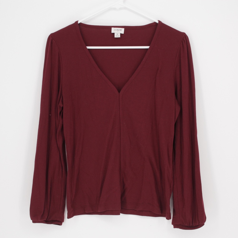 J.Crew Women's Burgundy V-Neck Bishop Sleeve Ribbed Knit Top Size Medium